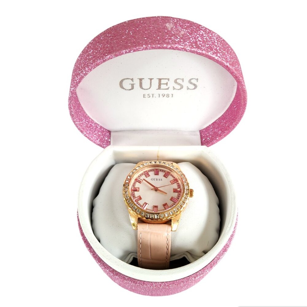 New GUESS SPARKLING PINK LIMITED EDITION 38MM PINK GENUINE LEATHER WATCH